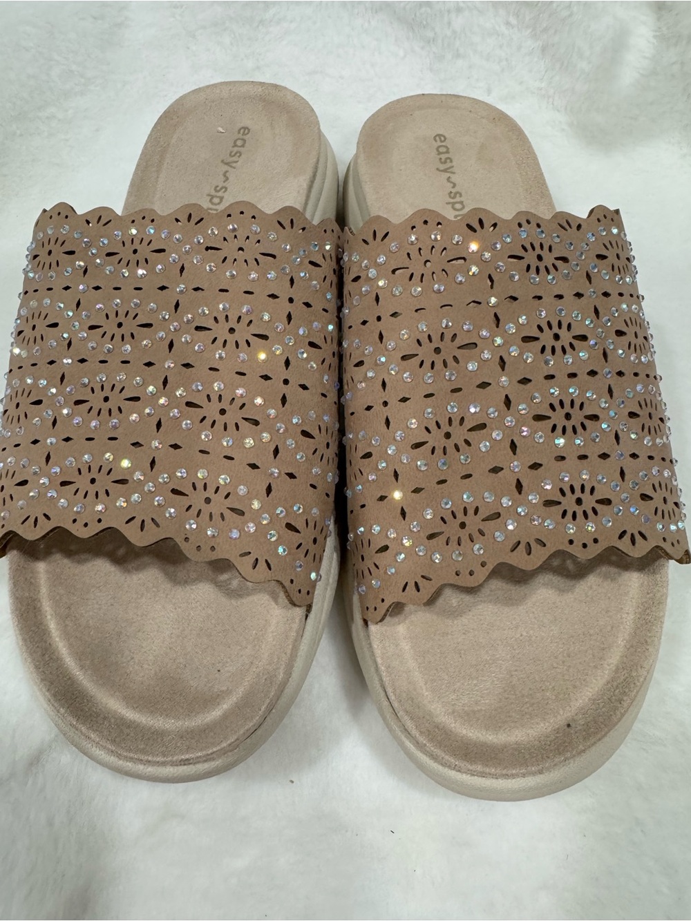 Easy Spirit Tan Laser-Cut Slide Sandals with Rhinestone Detail 8.5